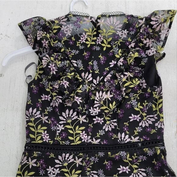 Monique Lhullier Flutter Sleeve Floral Embroidered Cocktail Dress Size 4 Black - Picture 6 of 10
